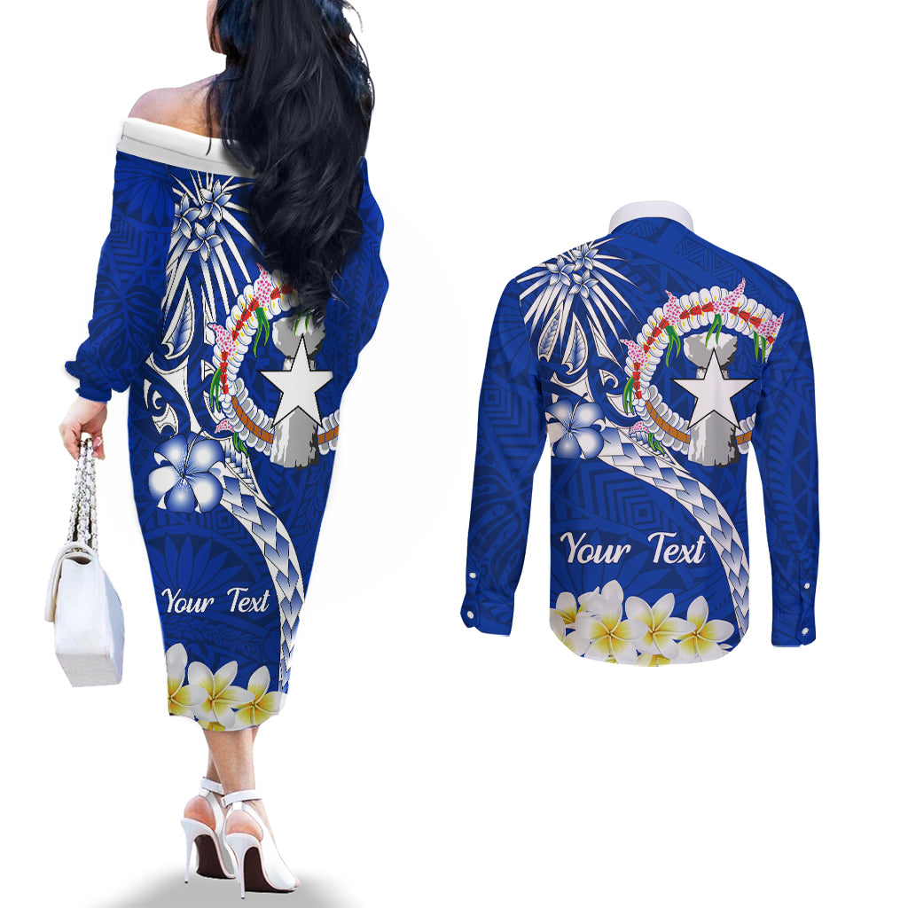 Northern Mariana Islands Commonwealth Day 2024 Couples Matching Off The Shoulder Long Sleeve Dress and Long Sleeve Button Shirt Dolphin With Plumeria Flower LT01 - Polynesian Pride