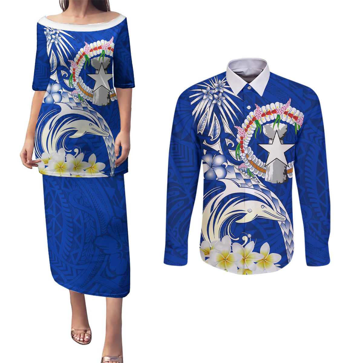 Northern Mariana Islands Commonwealth Day 2024 Couples Matching Puletasi and Long Sleeve Button Shirt Dolphin With Plumeria Flower LT01 Blue - Polynesian Pride