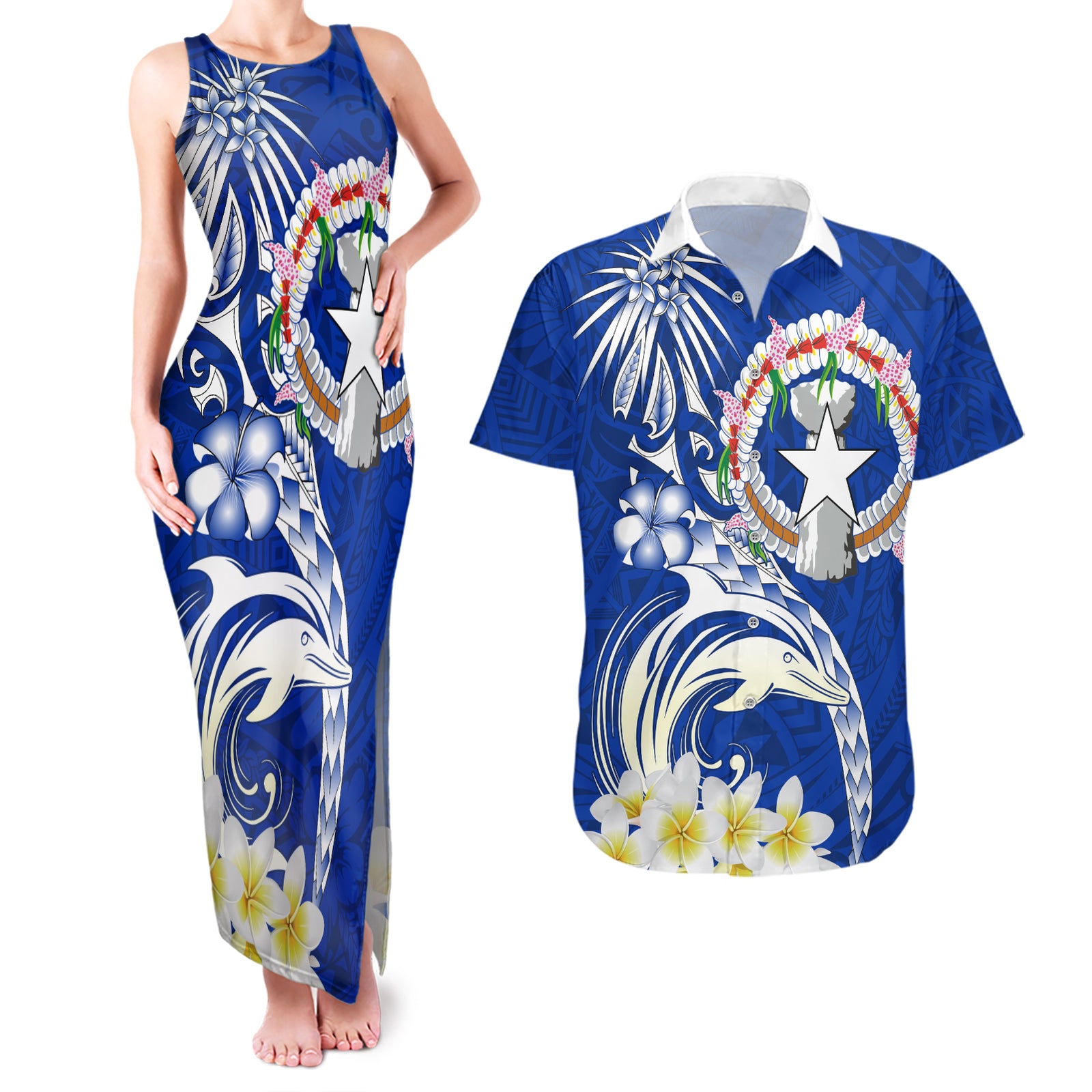 Northern Mariana Islands Commonwealth Day 2024 Couples Matching Tank Maxi Dress and Hawaiian Shirt Dolphin With Plumeria Flower LT01 Blue - Polynesian Pride