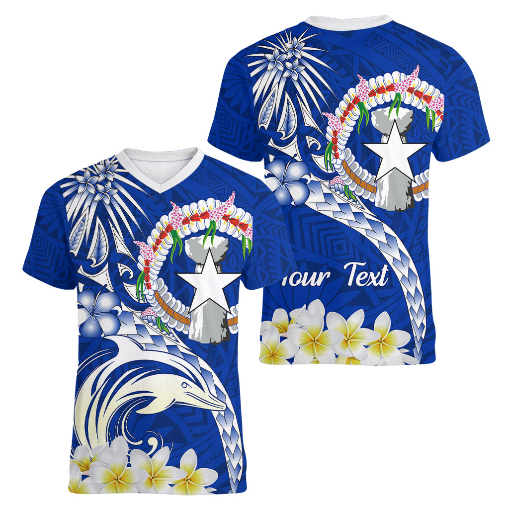 Northern Mariana Islands Commonwealth Day 2024 Women V Neck T Shirt Dolphin With Plumeria Flower LT01 - Polynesian Pride