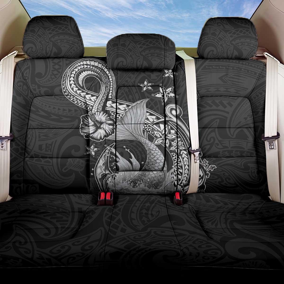 Hawaii Mermaid Monotone Back Car Seat Cover Polynesian Pattern Fish Hook