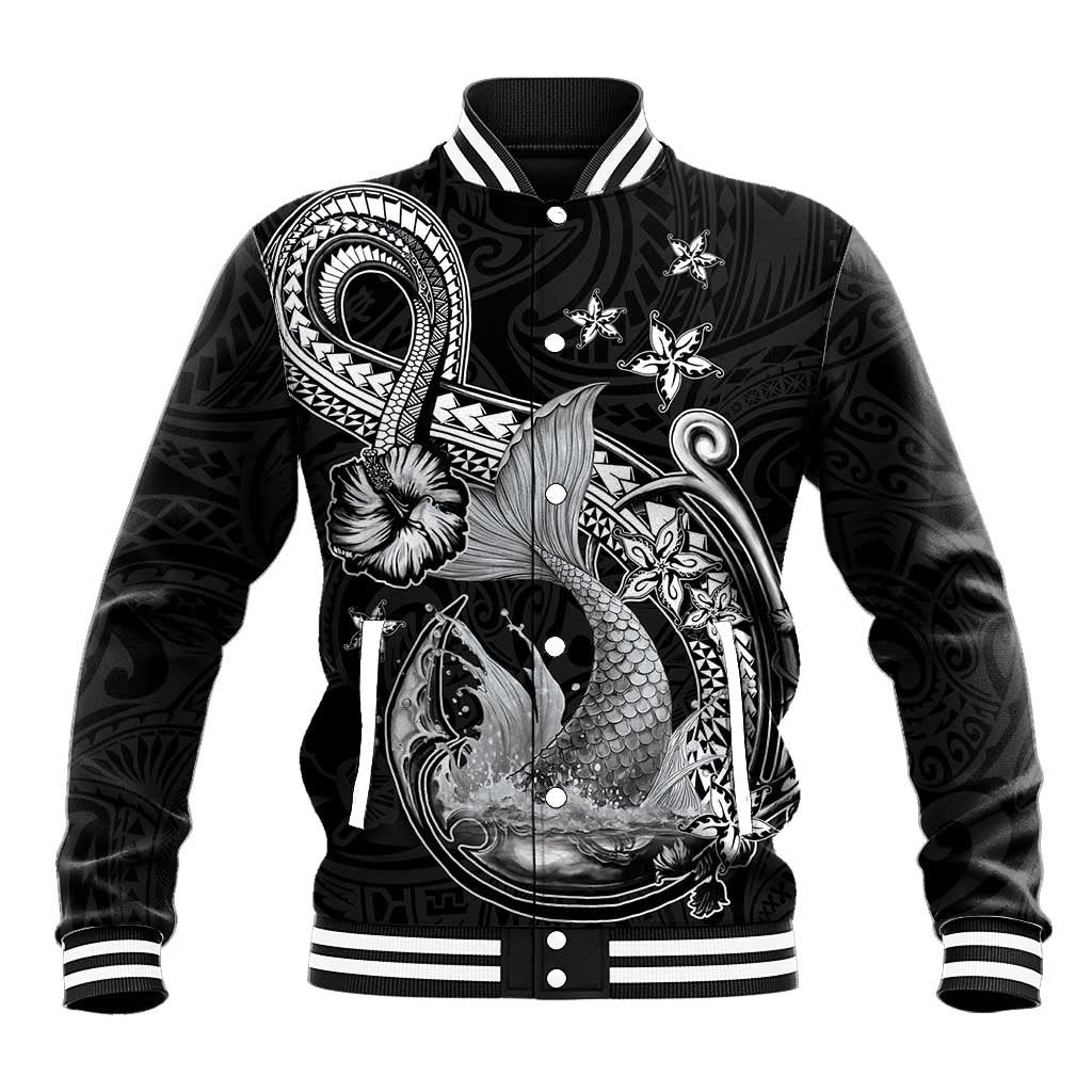 Hawaii Mermaid Monotone Baseball Jacket Polynesian Pattern Fish Hook