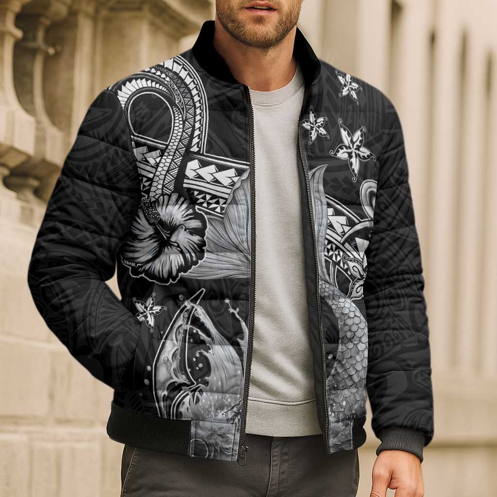 Hawaii Mermaid Monotone Bomber Puffer Jacket Polynesian Pattern Fish Hook