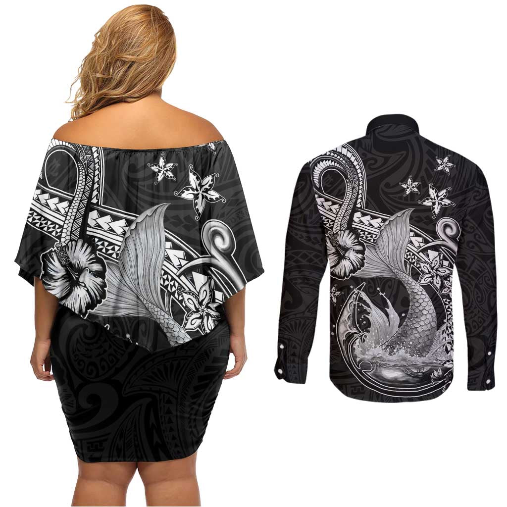 Hawaii Mermaid Monotone Couples Matching Off Shoulder Short Dress and Long Sleeve Button Shirt Polynesian Pattern Fish Hook