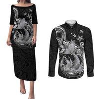 Hawaii Mermaid Monotone Couples Matching Puletasi and Long Sleeve Button Shirt Polynesian Pattern Fish Hook