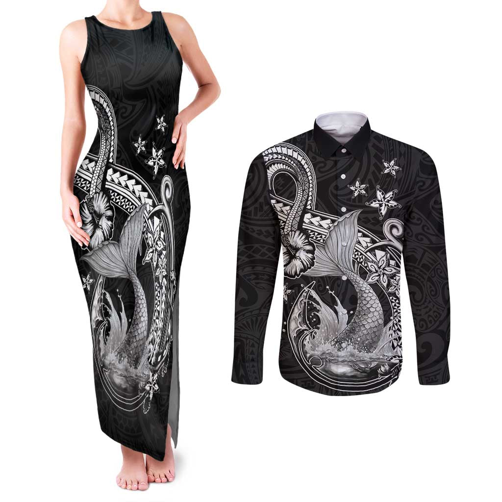 Hawaii Mermaid Monotone Couples Matching Tank Maxi Dress and Long Sleeve Button Shirt Polynesian Pattern Fish Hook