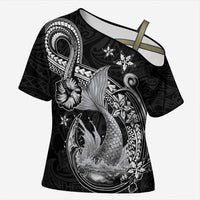 Hawaii Mermaid Monotone Cross Shoulder Shirt Polynesian Pattern Fish Hook