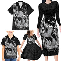 Hawaii Mermaid Monotone Family Matching Long Sleeve Bodycon Dress and Hawaiian Shirt Polynesian Pattern Fish Hook
