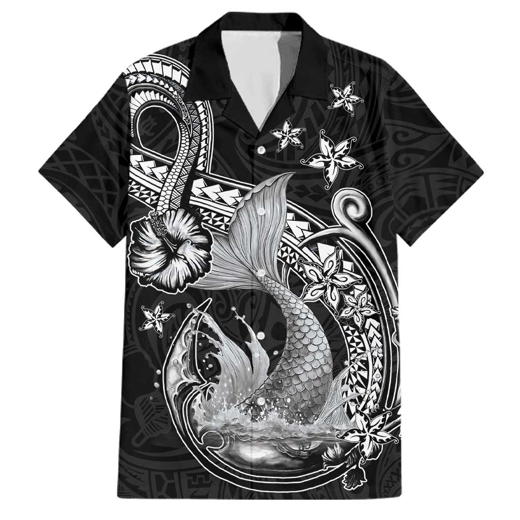 Hawaii Mermaid Monotone Family Matching Off The Shoulder Long Sleeve Dress and Hawaiian Shirt Polynesian Pattern Fish Hook