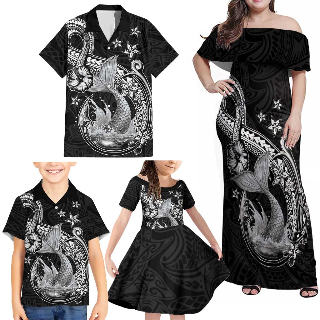 Hawaii Mermaid Monotone Family Matching Off Shoulder Maxi Dress and Hawaiian Shirt Polynesian Pattern Fish Hook