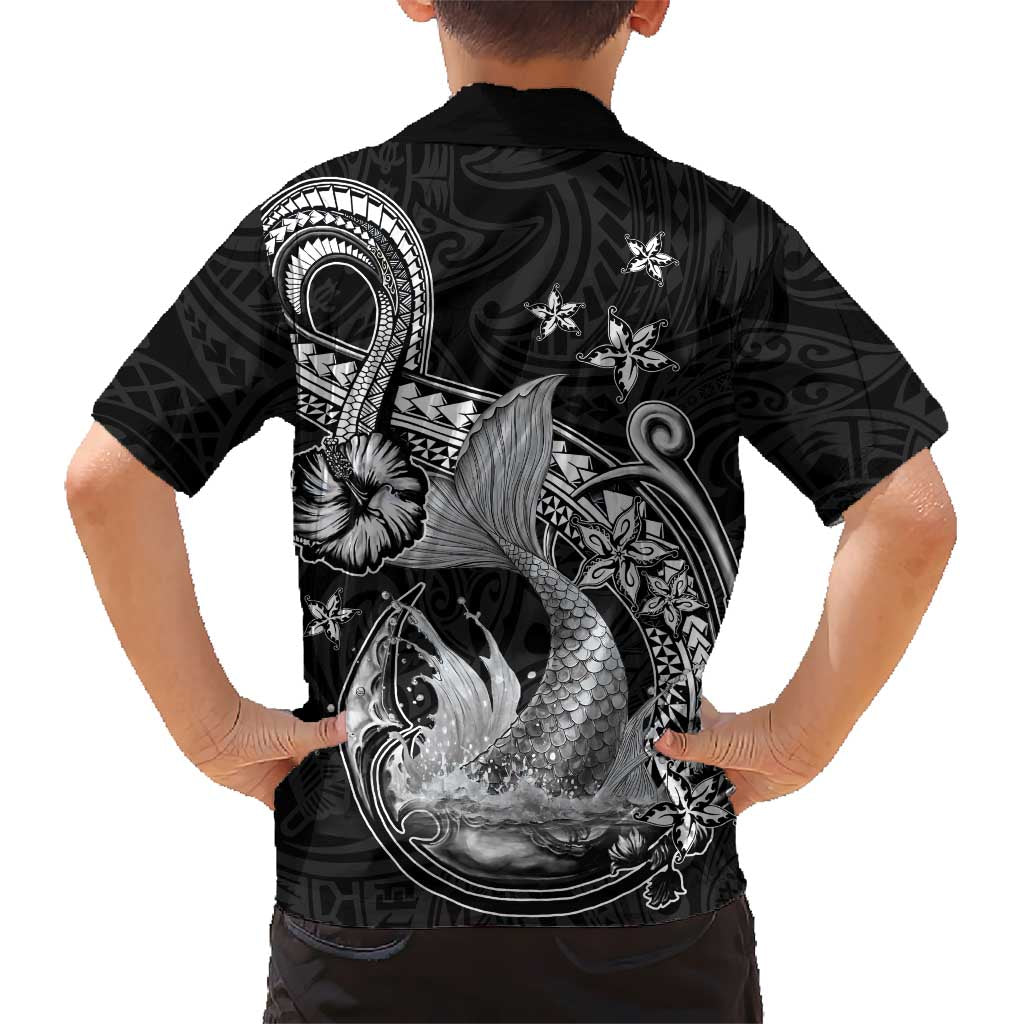 Hawaii Mermaid Monotone Family Matching Off Shoulder Short Dress and Hawaiian Shirt Polynesian Pattern Fish Hook
