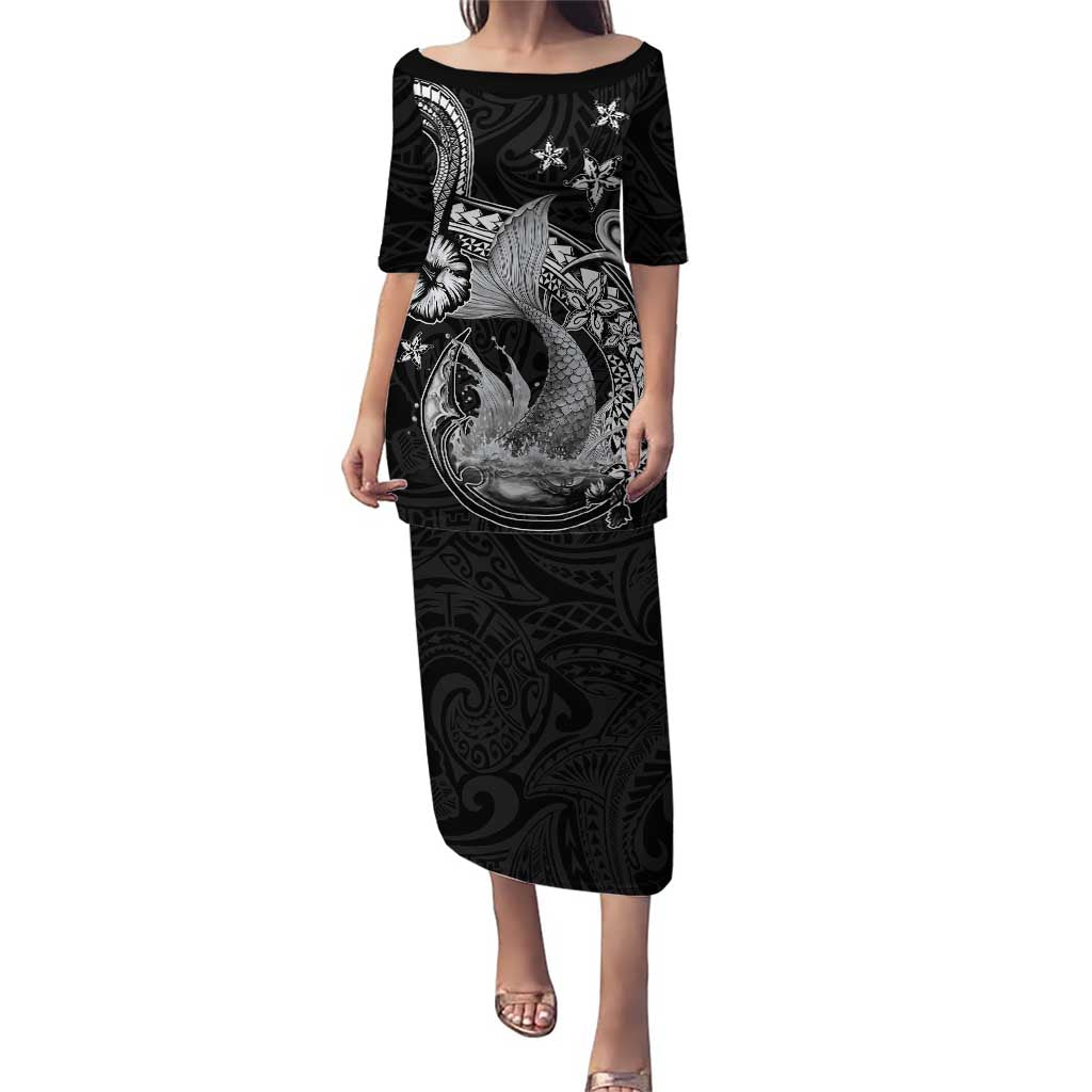 Hawaii Mermaid Monotone Family Matching Puletasi and Hawaiian Shirt Polynesian Pattern Fish Hook