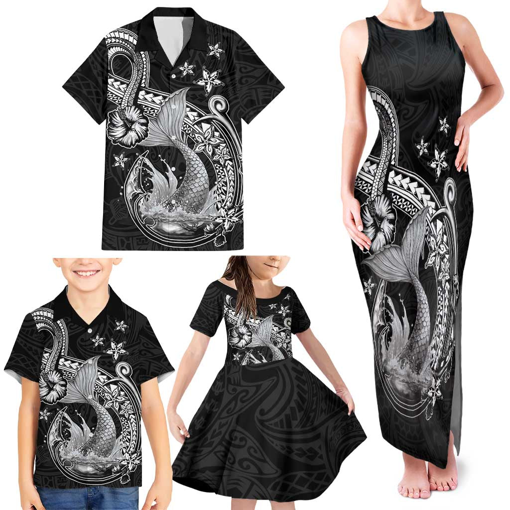 Hawaii Mermaid Monotone Family Matching Tank Maxi Dress and Hawaiian Shirt Polynesian Pattern Fish Hook