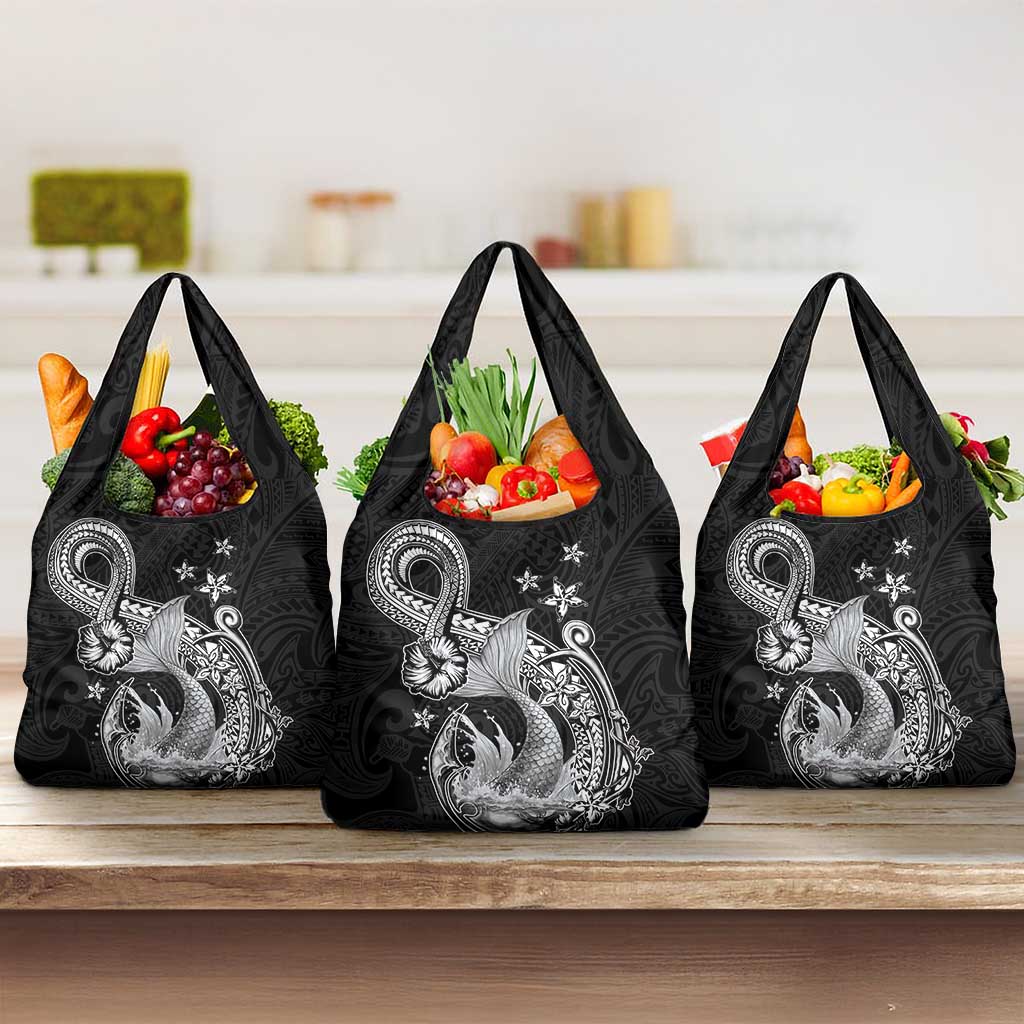 Hawaii Mermaid Monotone Grocery Bag Polynesian Pattern Fish Hook
