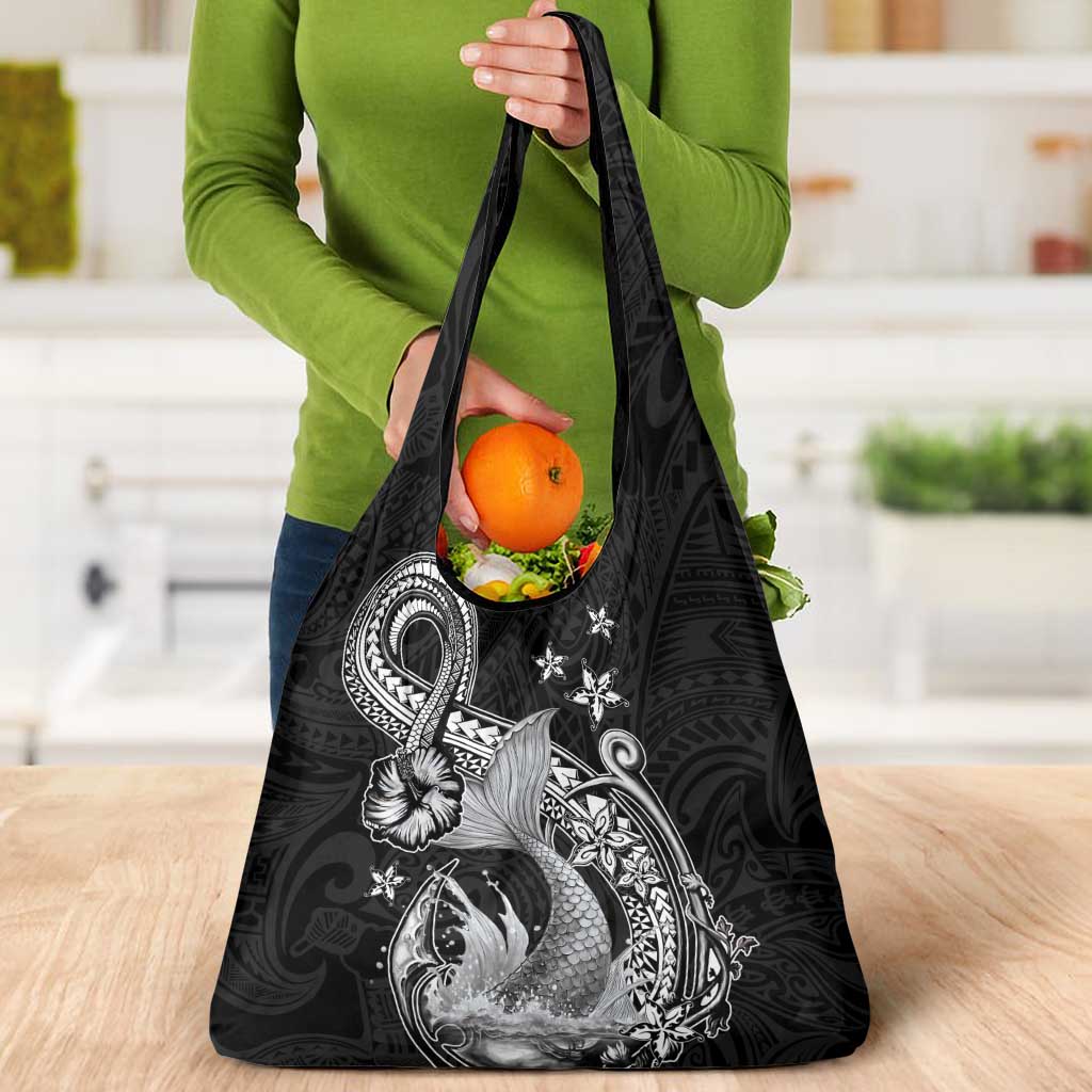Hawaii Mermaid Monotone Grocery Bag Polynesian Pattern Fish Hook