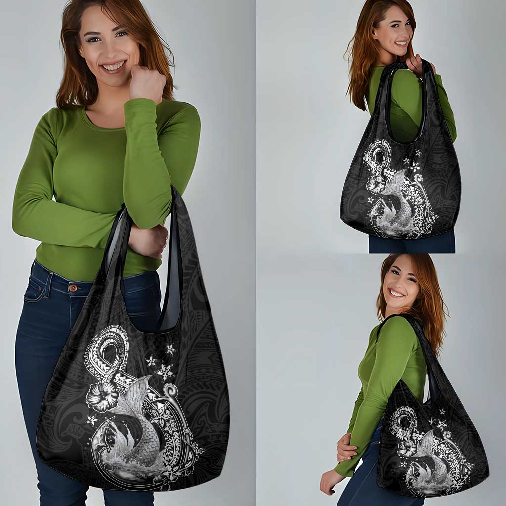 Hawaii Mermaid Monotone Grocery Bag Polynesian Pattern Fish Hook