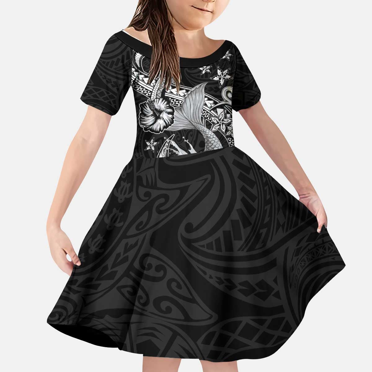 Hawaii Mermaid Monotone Kid Short Sleeve Dress Polynesian Pattern Fish Hook