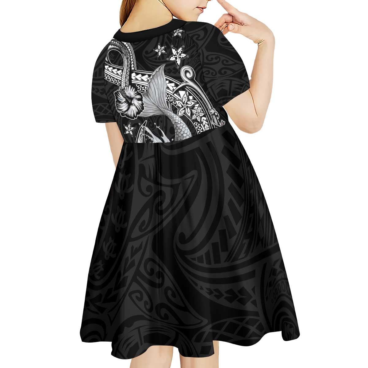 Hawaii Mermaid Monotone Kid Short Sleeve Dress Polynesian Pattern Fish Hook