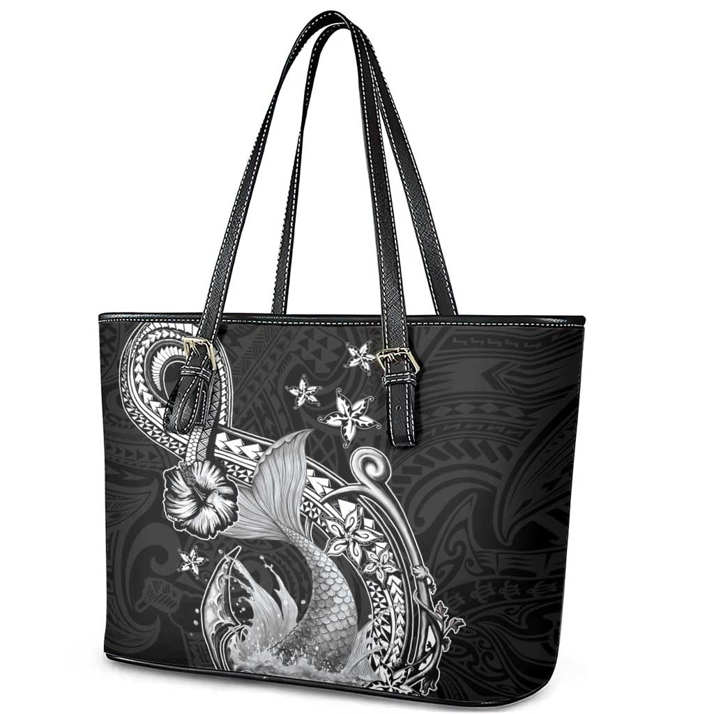 Hawaii Mermaid Monotone Leather Tote Bag Polynesian Pattern Fish Hook