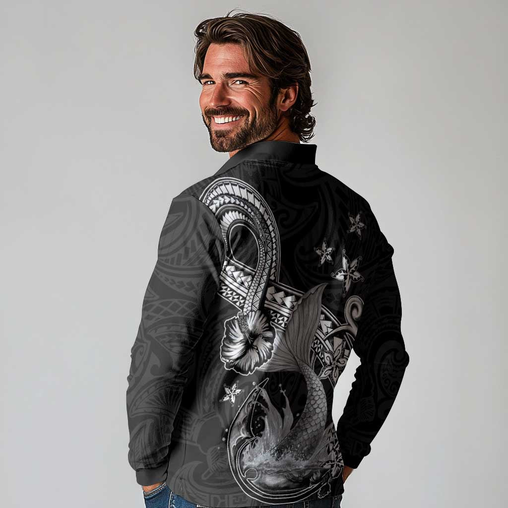 Hawaii Mermaid Monotone Long Sleeve Polo Shirt Polynesian Pattern Fish Hook