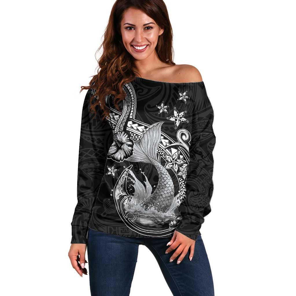 Hawaii Mermaid Monotone Off Shoulder Sweater Polynesian Pattern Fish Hook