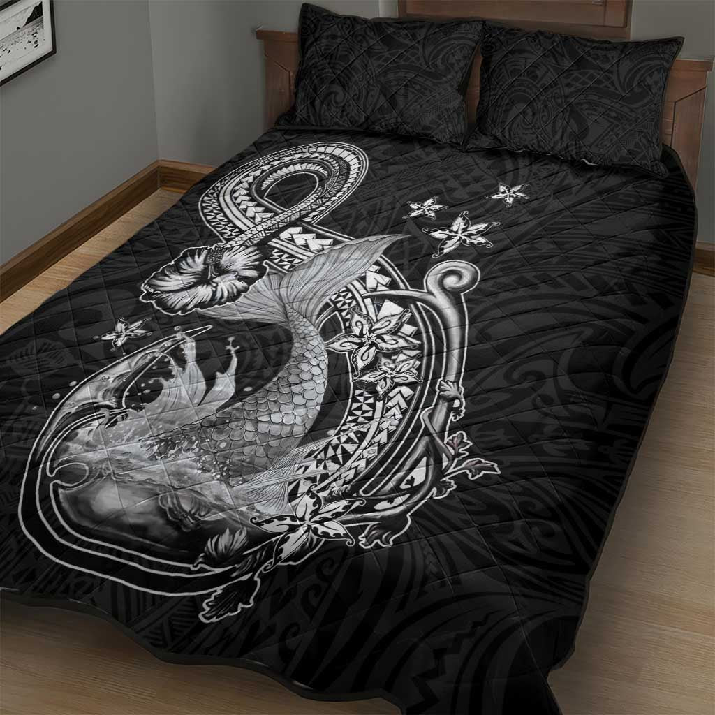 Hawaii Mermaid Monotone Quilt Bed Set Polynesian Pattern Fish Hook