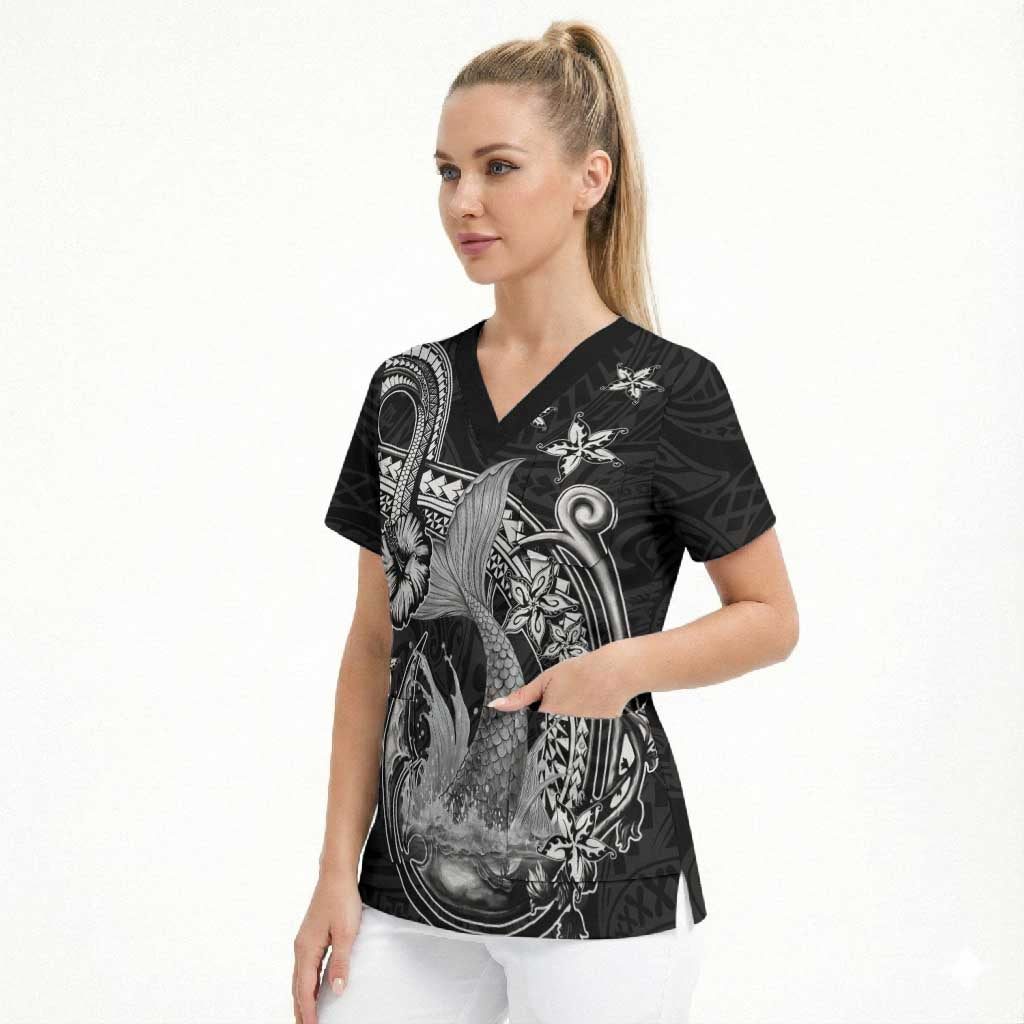 Hawaii Mermaid Monotone Scrub Top Polynesian Pattern Fish Hook