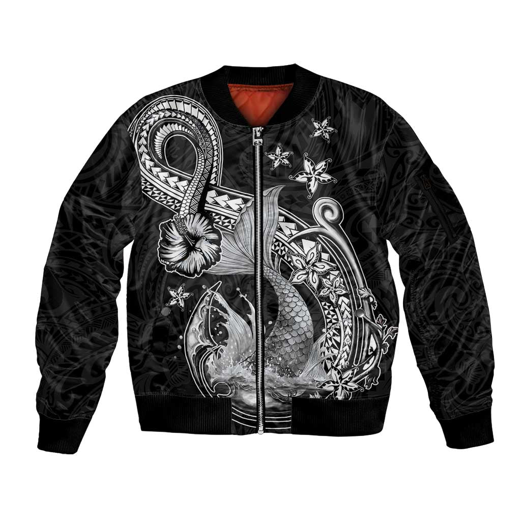 Hawaii Mermaid Monotone Sleeve Zip Bomber Jacket Polynesian Pattern Fish Hook
