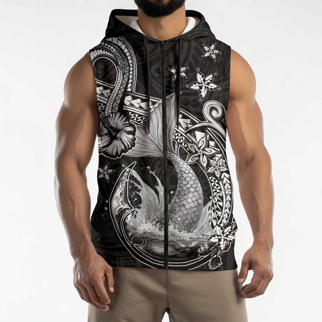 Hawaii Mermaid Monotone Sleeveless Zip Hoodie Polynesian Pattern Fish Hook