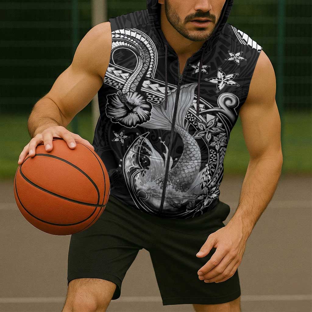 Hawaii Mermaid Monotone Sleeveless Zip Hoodie Polynesian Pattern Fish Hook