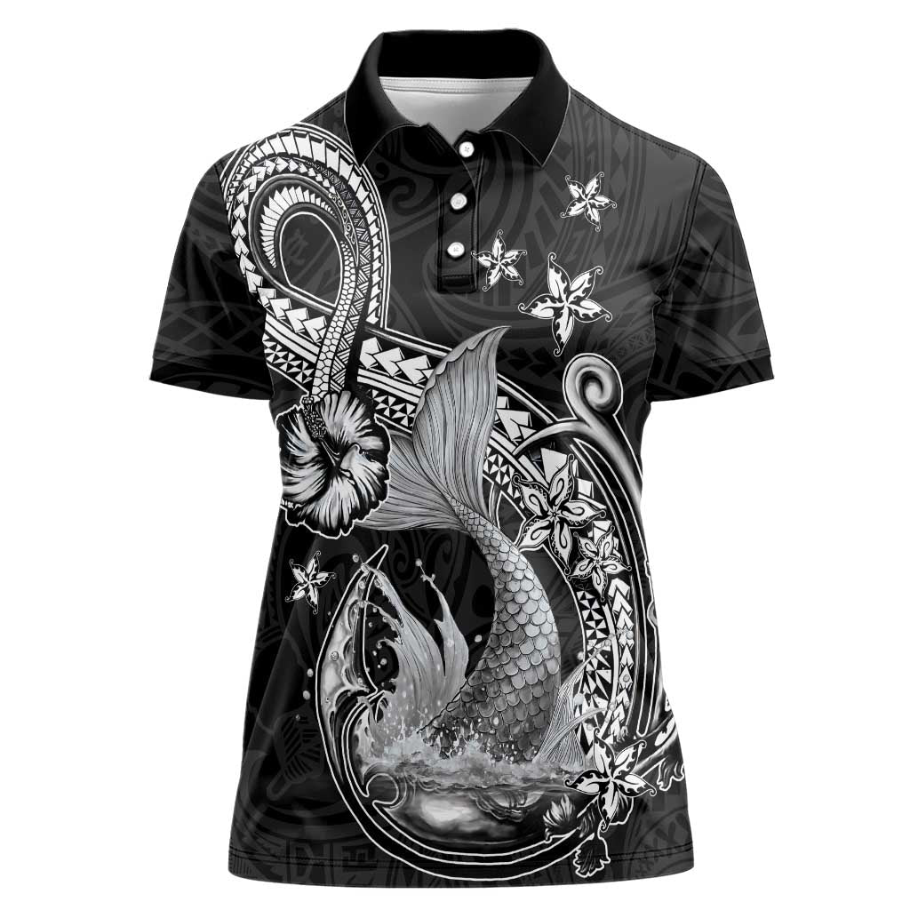 Hawaii Mermaid Monotone Women Polo Shirt Polynesian Pattern Fish Hook