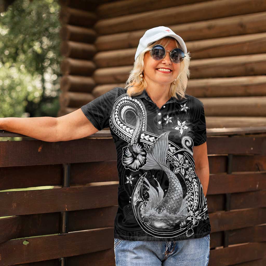 Hawaii Mermaid Monotone Women Polo Shirt Polynesian Pattern Fish Hook