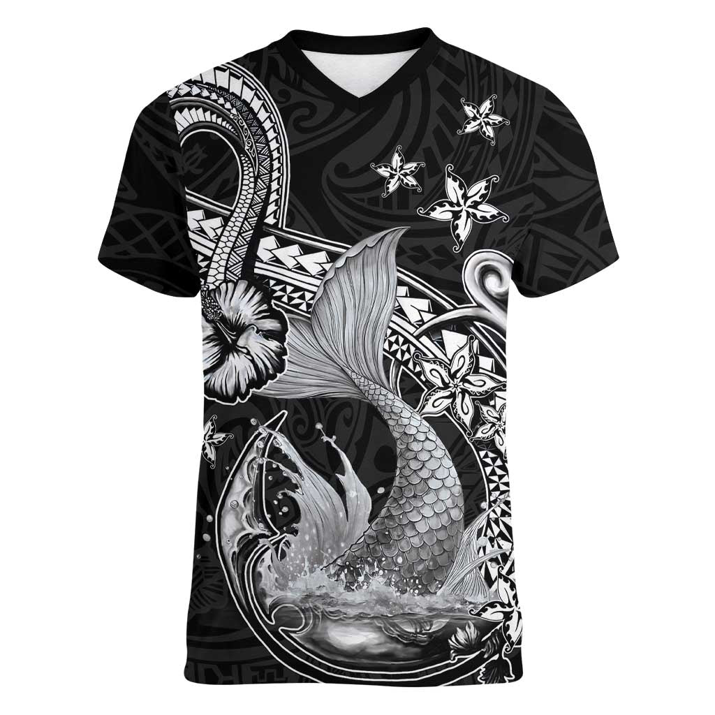 Hawaii Mermaid Monotone Women V-Neck T-Shirt Polynesian Pattern Fish Hook