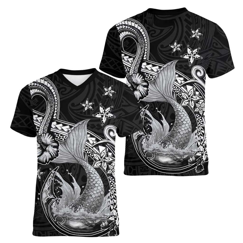 Hawaii Mermaid Monotone Women V-Neck T-Shirt Polynesian Pattern Fish Hook