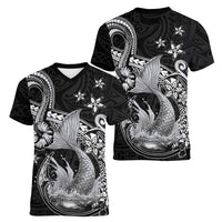 Hawaii Mermaid Monotone Women V-Neck T-Shirt Polynesian Pattern Fish Hook