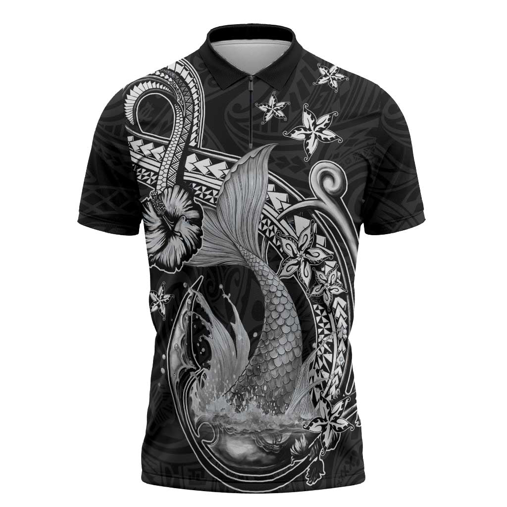 Hawaii Mermaid Monotone Zipper Polo Shirt Polynesian Pattern Fish Hook