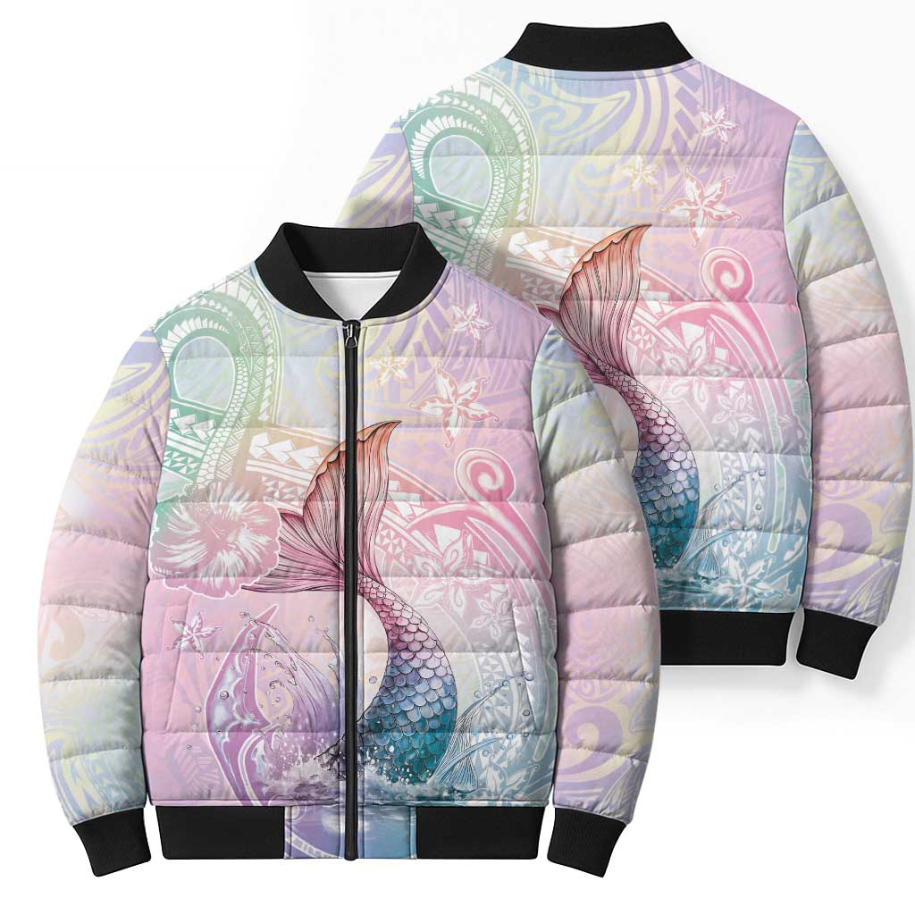 Hawaii Mermaid Sweet Pastel Bomber Puffer Jacket Polynesian Pattern Fish Hook
