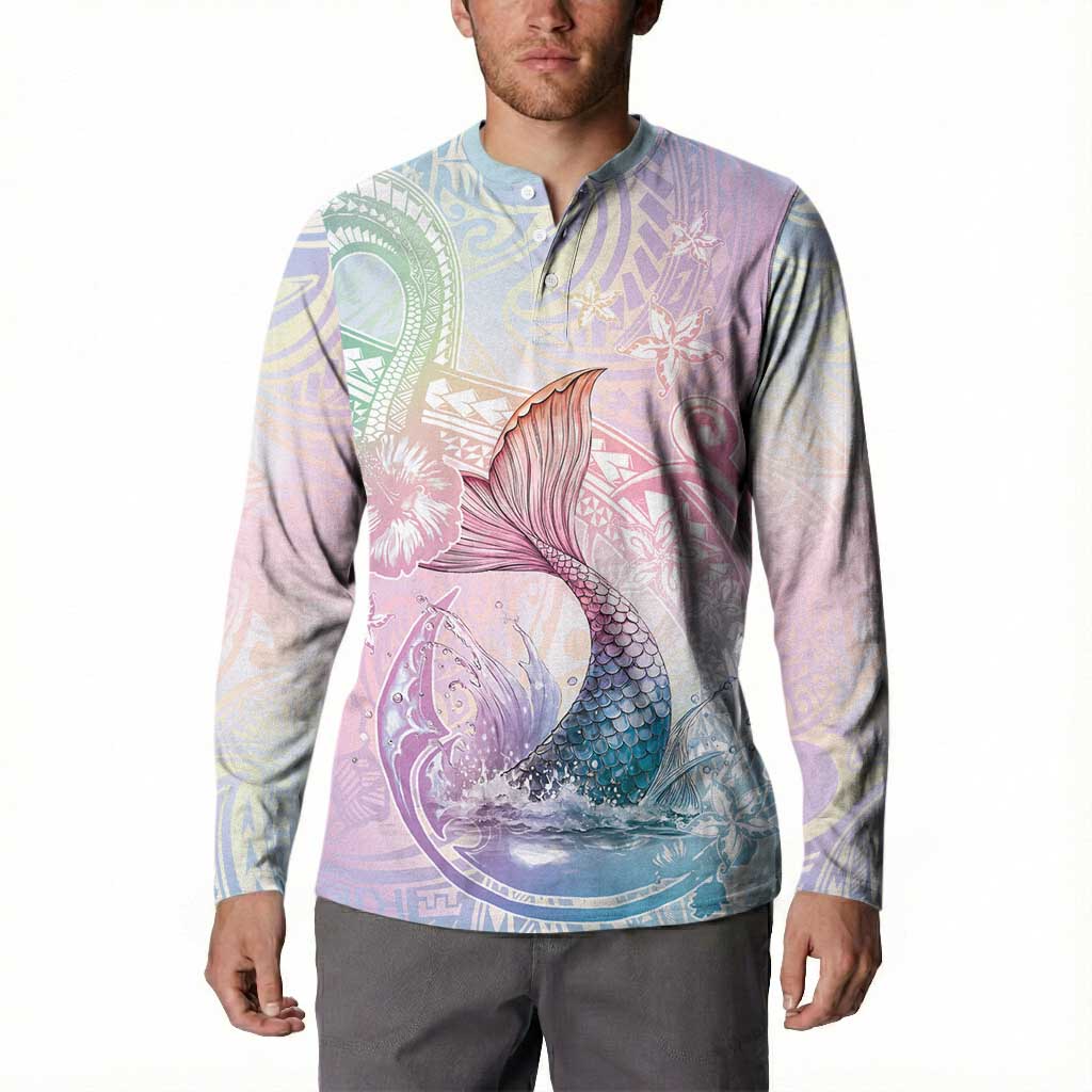 Hawaii Mermaid Sweet Pastel Button Sweatshirt Polynesian Pattern Fish Hook