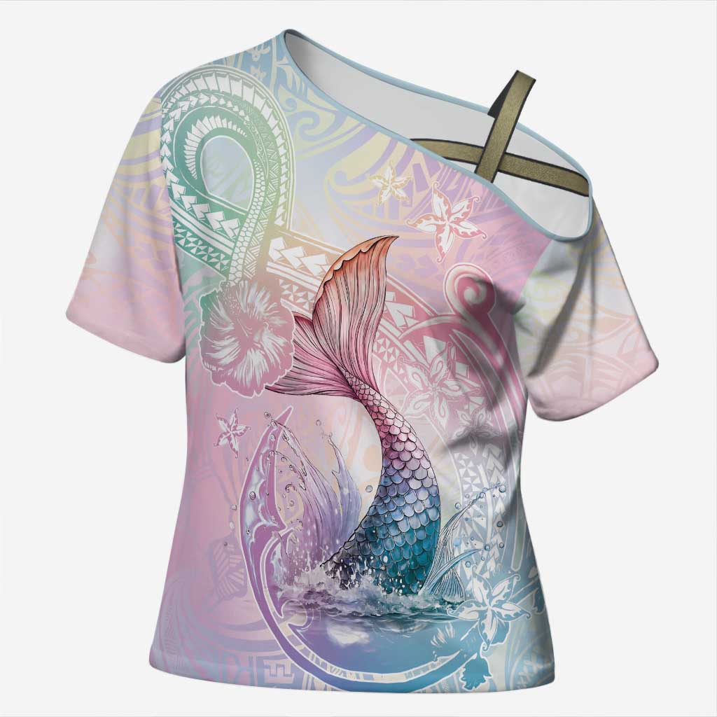 Hawaii Mermaid Sweet Pastel Cross Shoulder Shirt Polynesian Pattern Fish Hook