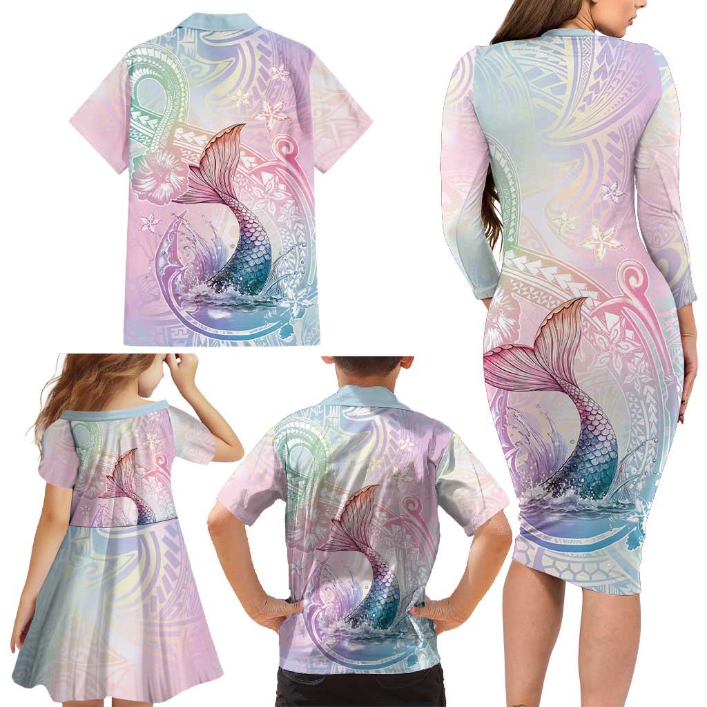 Hawaii Mermaid Sweet Pastel Family Matching Long Sleeve Bodycon Dress and Hawaiian Shirt Polynesian Pattern Fish Hook LT01 - Polynesian Pride