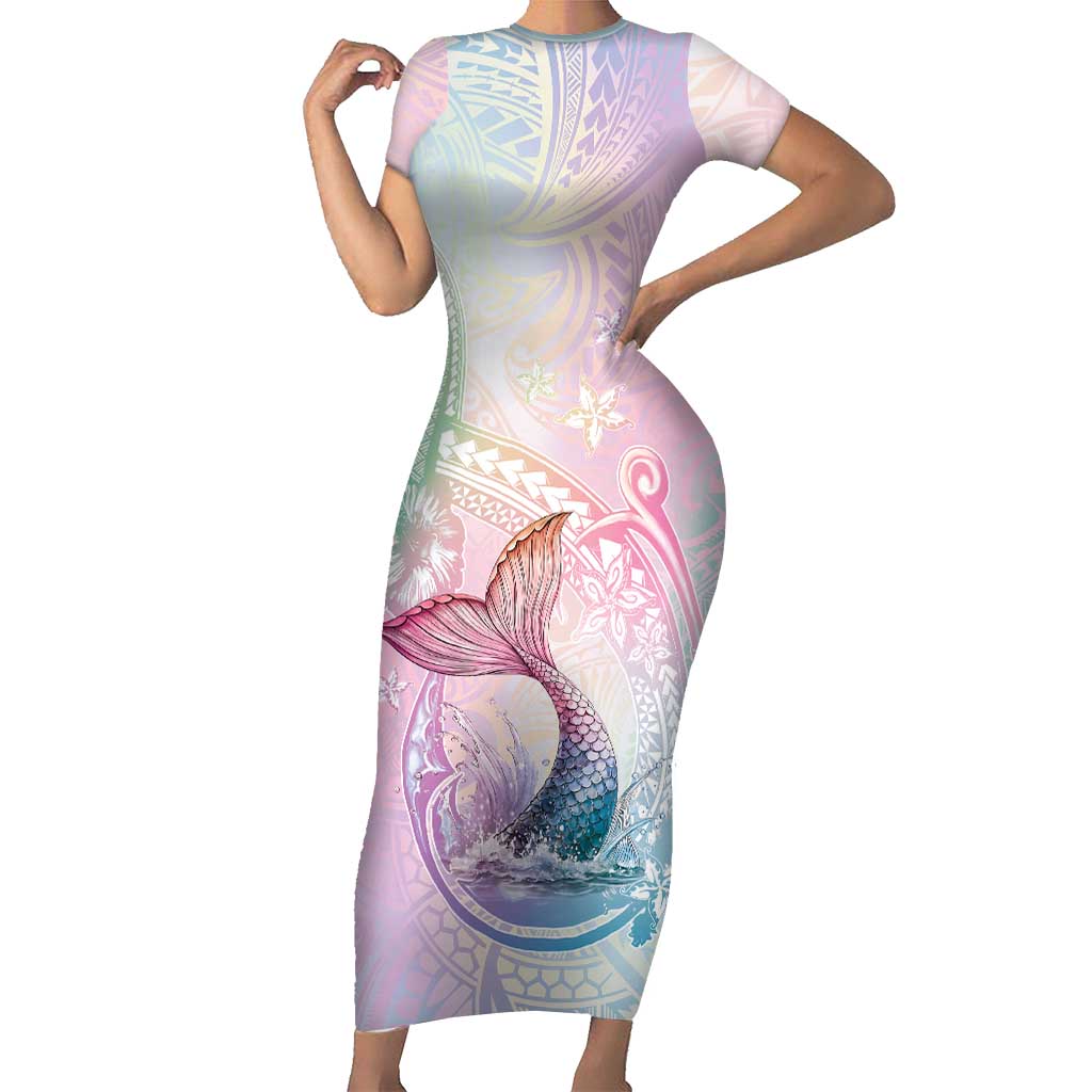 Hawaii Mermaid Sweet Pastel Family Matching Short Sleeve Bodycon Dress and Hawaiian Shirt Polynesian Pattern Fish Hook LT01 Mom's Dress Multicolor - Polynesian Pride