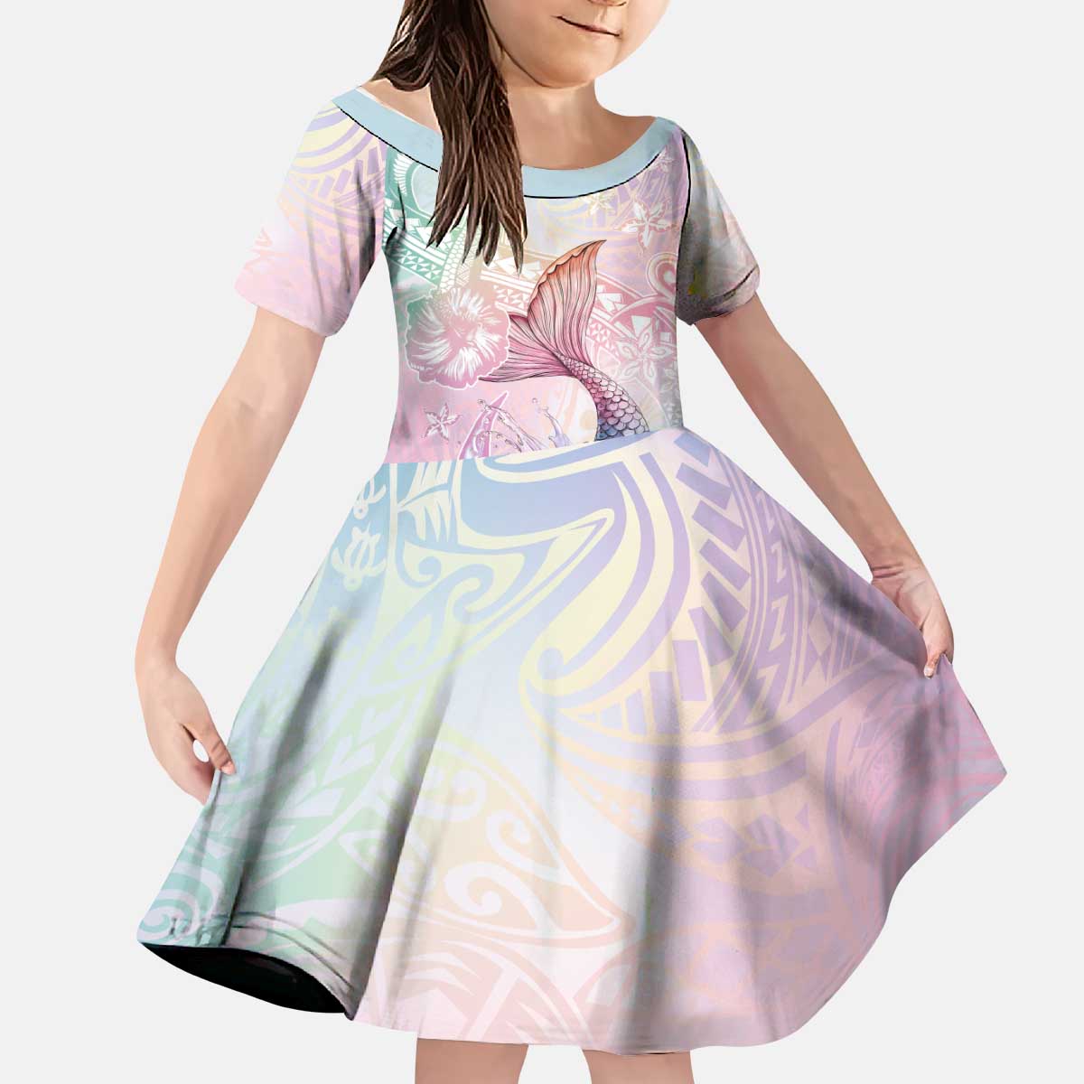 Hawaii Mermaid Sweet Pastel Kid Short Sleeve Dress Polynesian Pattern Fish Hook