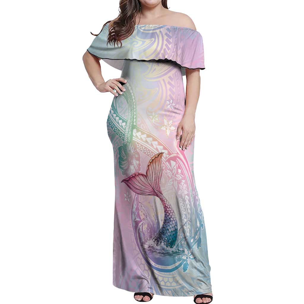 Hawaii Mermaid Sweet Pastel Off Shoulder Maxi Dress Polynesian Pattern Fish Hook