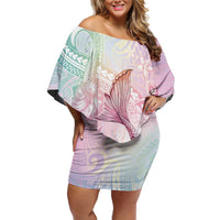 Hawaii Mermaid Sweet Pastel Off Shoulder Short Dress Polynesian Pattern Fish Hook