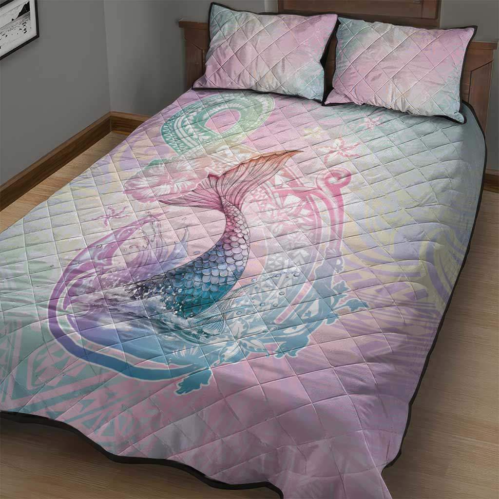 Hawaii Mermaid Sweet Pastel Quilt Bed Set Polynesian Pattern Fish Hook