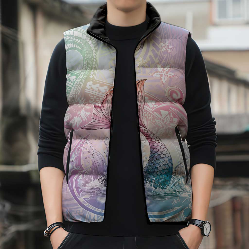 Hawaii Mermaid Sweet Pastel Sleeveless Puffer Jacket Polynesian Pattern Fish Hook