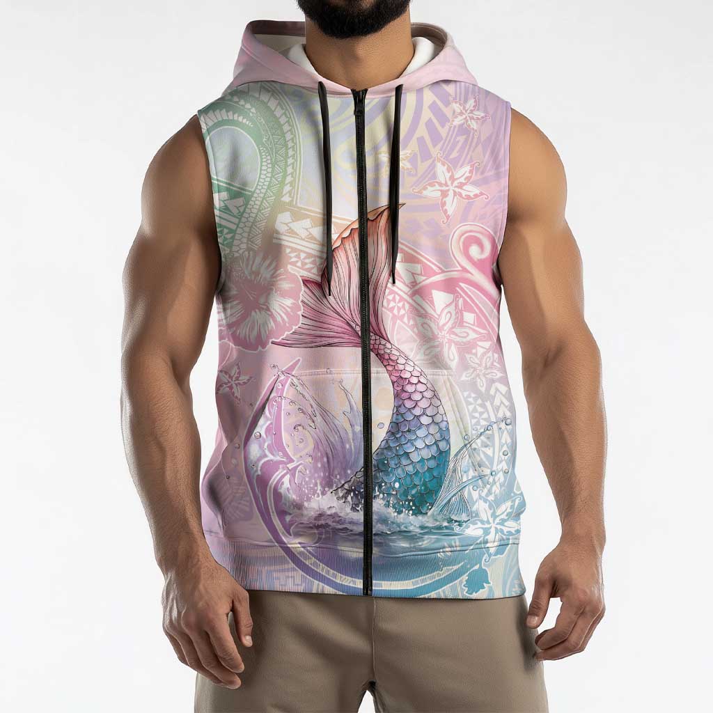 Hawaii Mermaid Sweet Pastel Sleeveless Zip Hoodie Polynesian Pattern Fish Hook