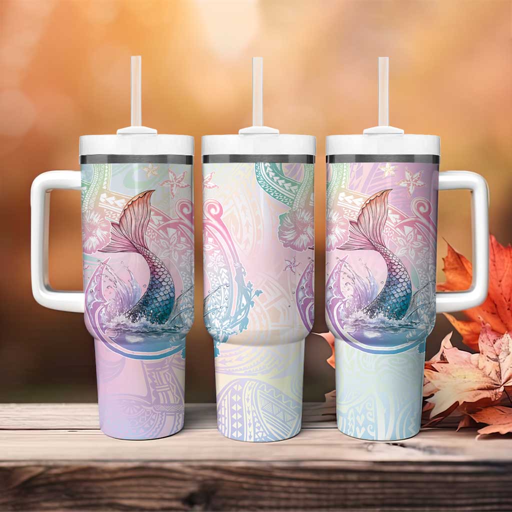 Hawaii Mermaid Sweet Pastel Tumbler With Handle Polynesian Pattern Fish Hook