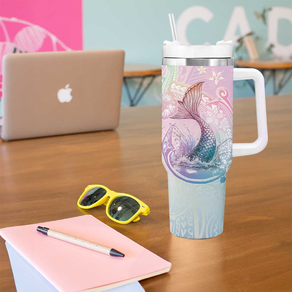 Hawaii Mermaid Sweet Pastel Tumbler With Handle Polynesian Pattern Fish Hook