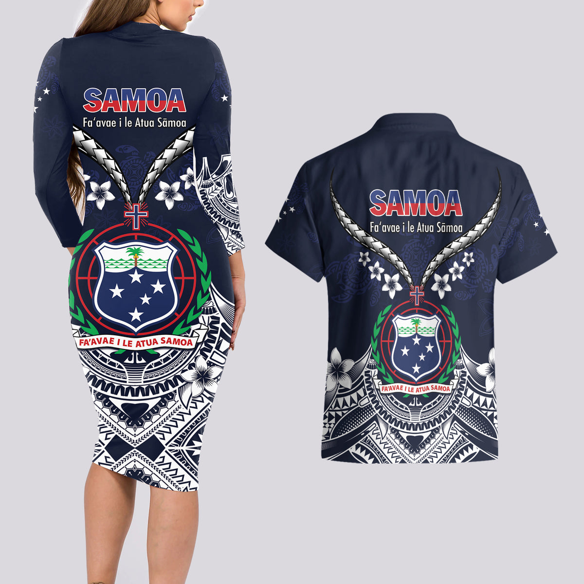 Samoa Independence Day Couples Matching Long Sleeve Bodycon Dress and Hawaiian Shirt Ula Nifo Mix Turtle